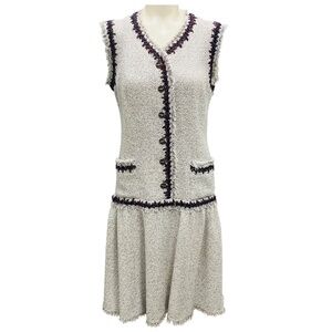 CHANEL WHITE / NAVY / RED / SILVER METALLIC 2008 COCO MARK SLEEVELESS TWEED DRES